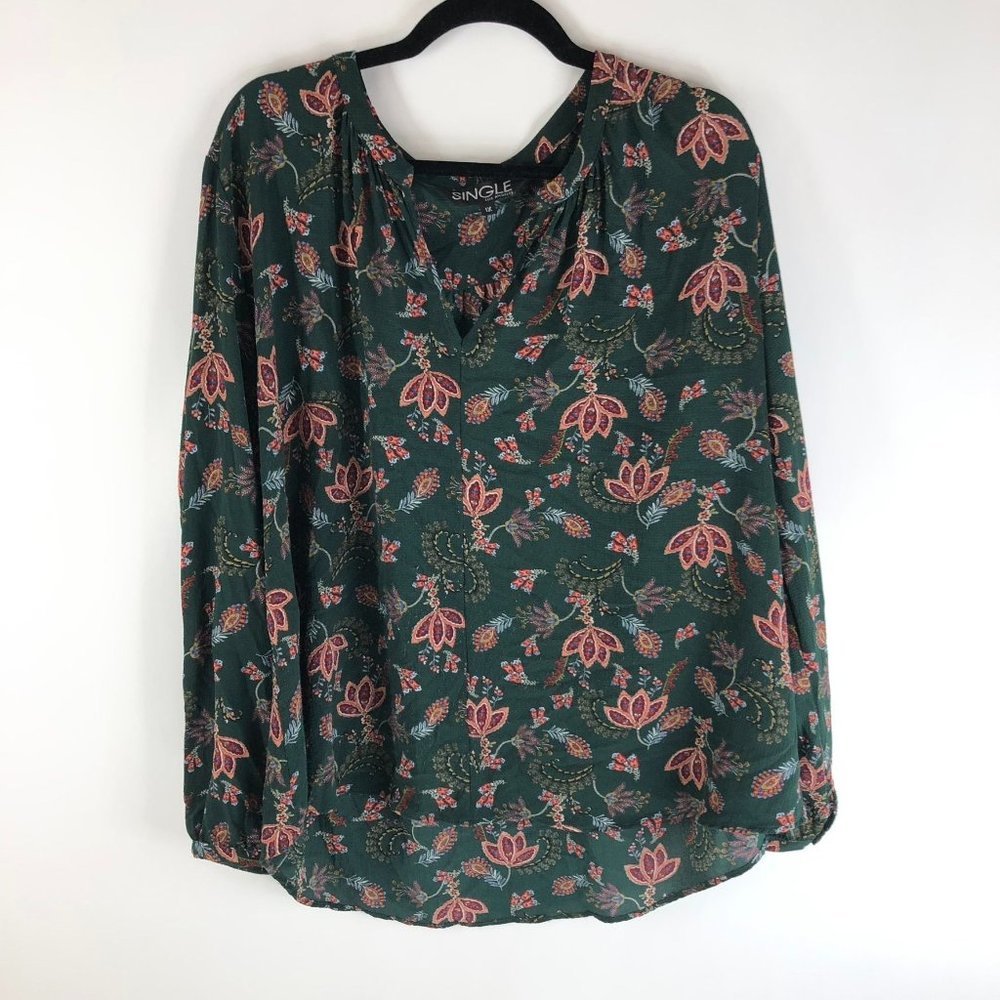 Single Womens Blouse Top Floral Split Neck Long Sleeve Pullover Green 1X